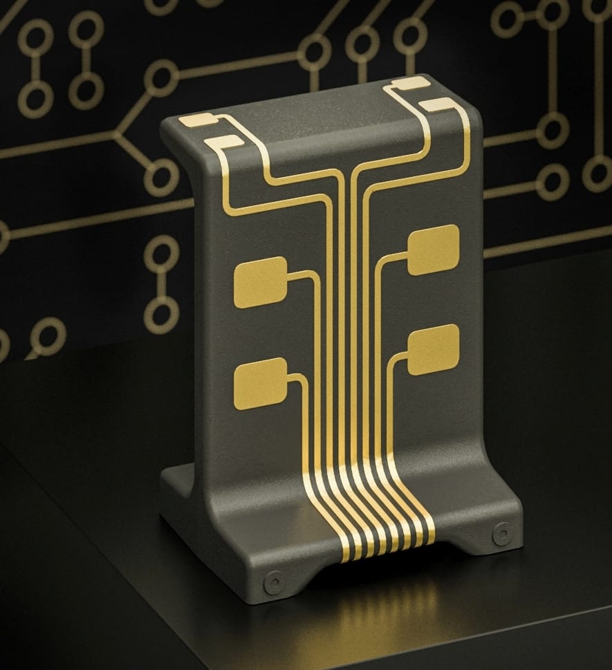 The 3D-MID component carrier is an in-house HARTING development which serves as a connecting element between a printed circuit board (PCB) and electronic components (such as LEDs, ICs, photo–diodes or sensors)